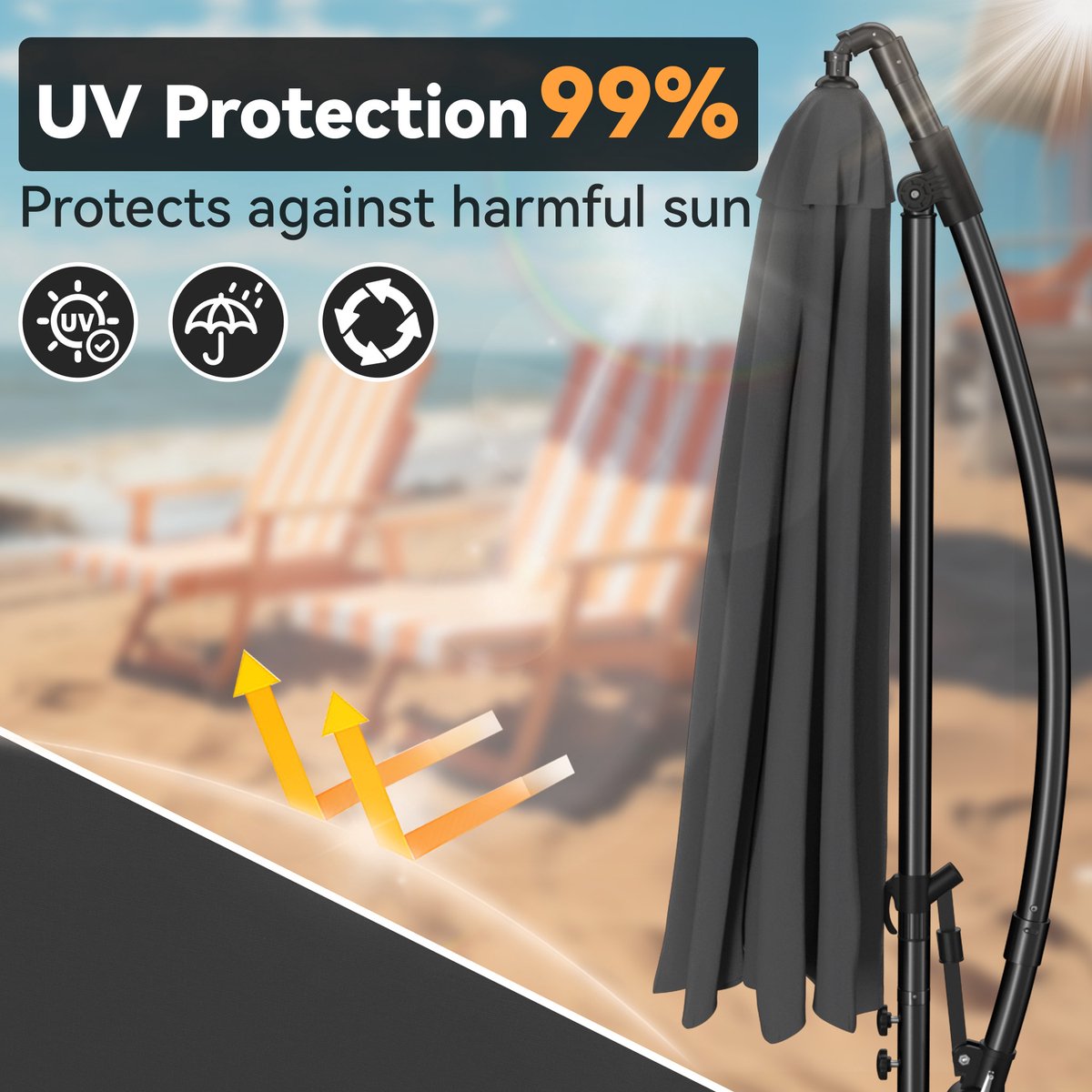 Zweefparasol Ø350 cm - Aluminium Parasol Kantelbaar 360° Draaibaar - Hangparasol met Kurbel UV-bestendig Waterafstotend - Tuinparasol Zonder Middenpaal - Donkergrijs – foto 4