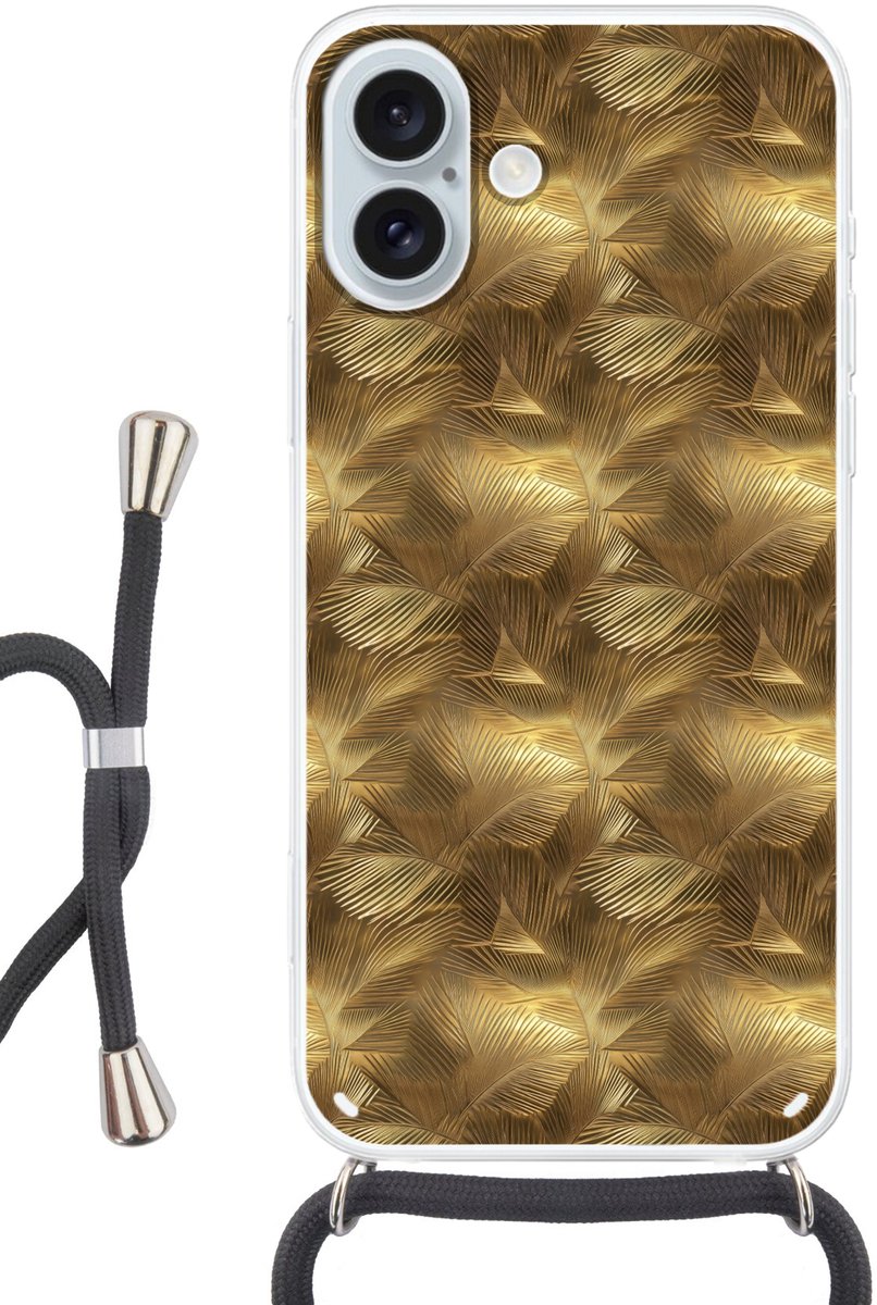 Telefoonhoesje Geschikt voor iPhone 16 Plus met koord - Palm - Waaier - Goud - Siliconen - Crossbody - Backcover met Koord - Telefoonhoesje met koord - Hoesje met touw Telefoonhoesje