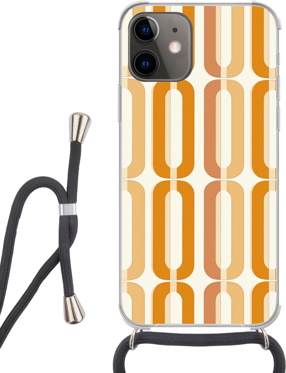 Telefoonhoesje Geschikt voor iPhone 12 Mini - U-vorm - Retro - Oranje - Siliconen - Crossbody - Backcover met Koord - Telefoonhoesje met koord - Hoesje met touw Telefoonhoesje