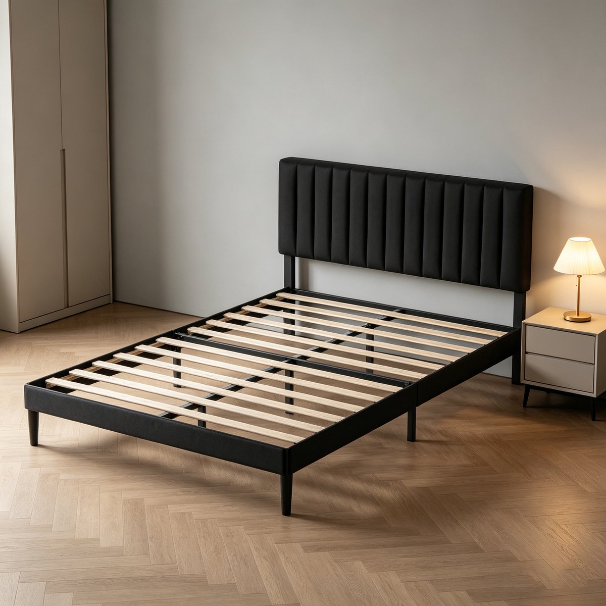 KUTAS Gestoffeerd bed - Tweepersoonsbed 140x190 cm - Metalen Bedframe - Met Hoogte Verstelbaa Hoofdbord en Lattenbodem - Met Opbergruimte Onder Bed - Voor 2 personen - Draagkracht 480 kg - Zwart