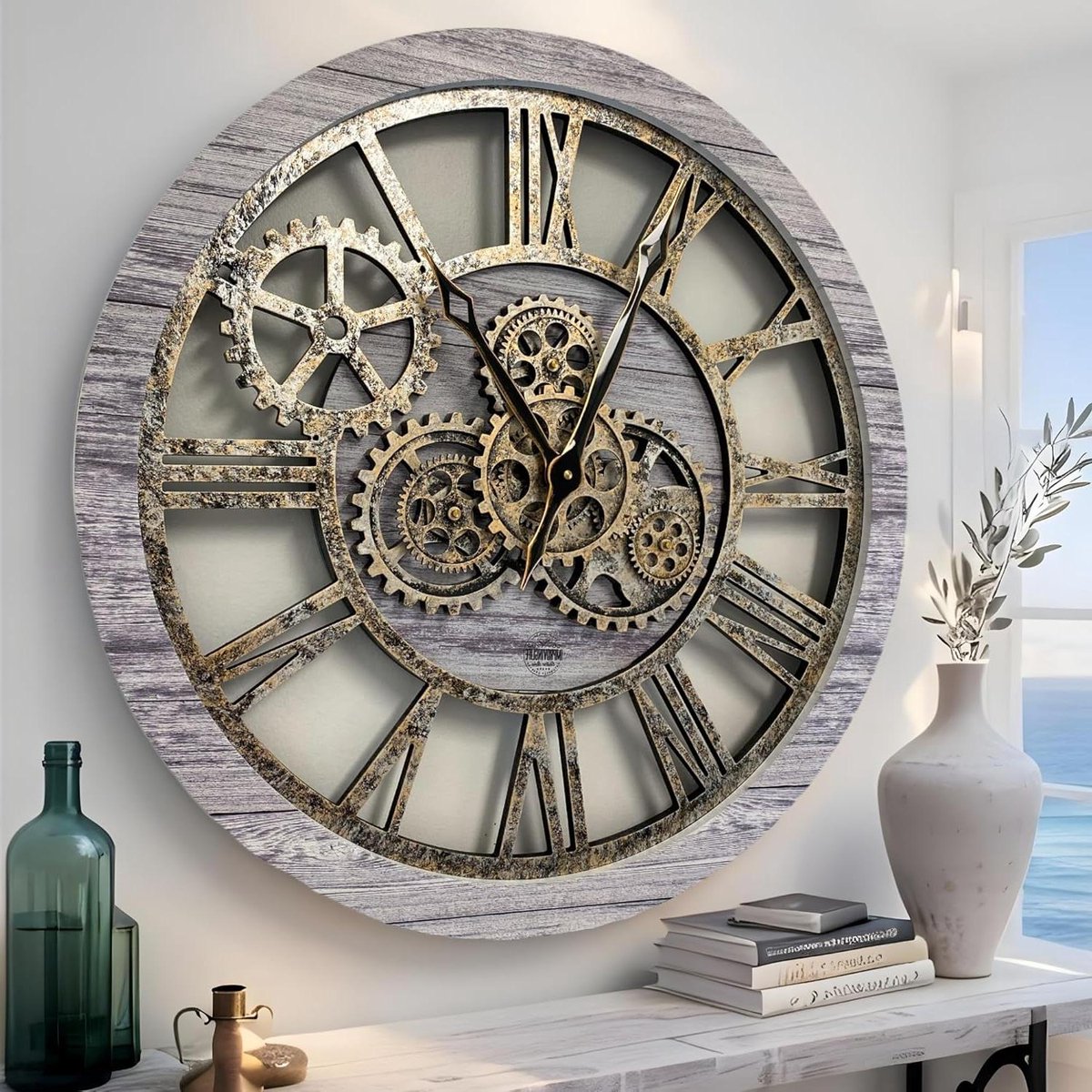 Wandklok - Klok met tandwielen - Decoratie voor thuis - Echte bewegende tandwielen - 60 cm - Zilver grijs