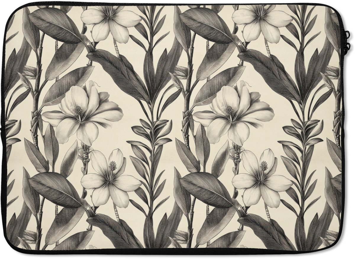 Laptophoes 13 inch - Klassiek - Botanisch - Zwart - Beige - Laptop sleeve - Binnenmaat 32x22,5 cm - Zwarte achterkant