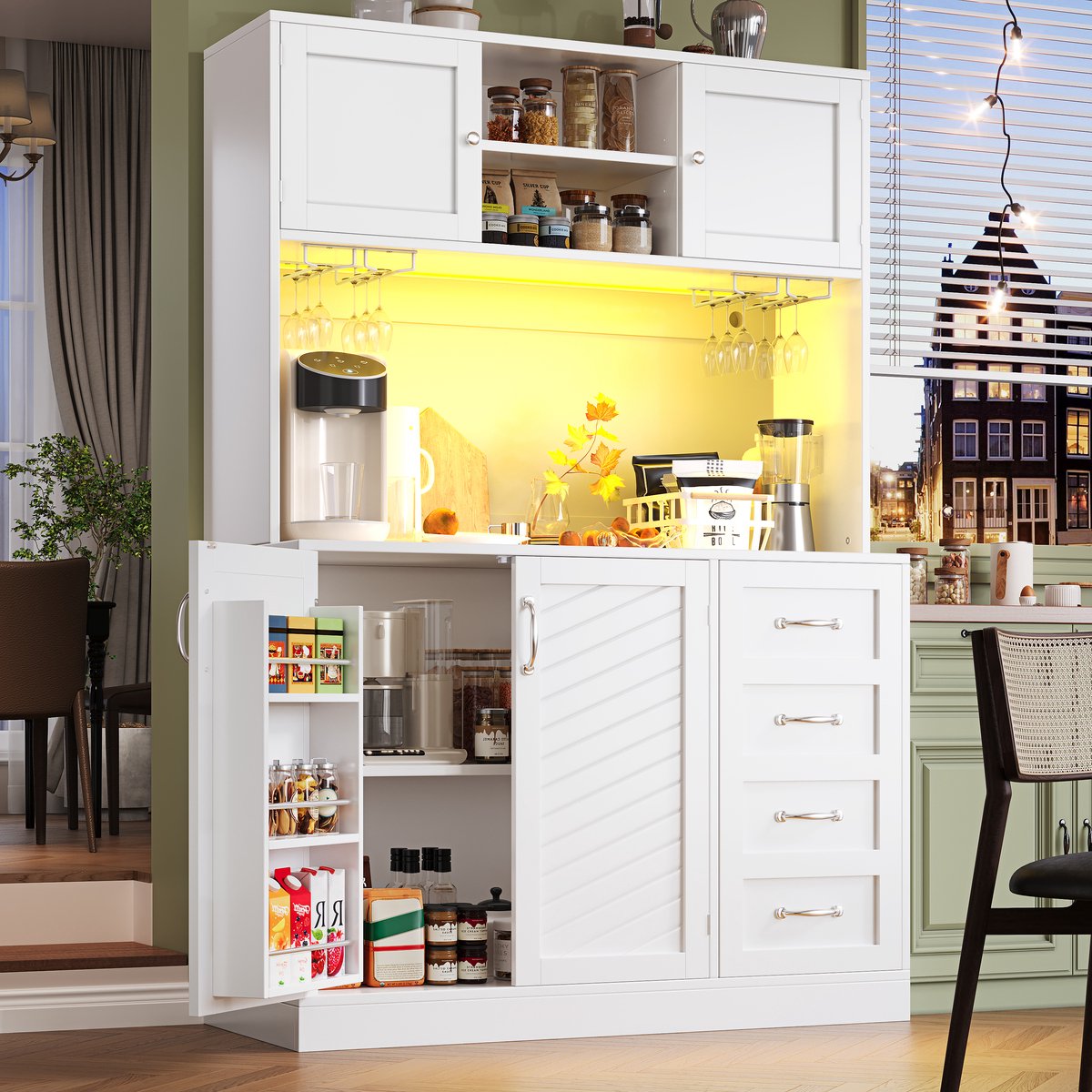 FloraGrace Buffetkast - Met Ledverlichting En 4 Deuren 2 Lades - Voor Keuken En Woonkamer - MDF - 120x40x188 Cm - Wit