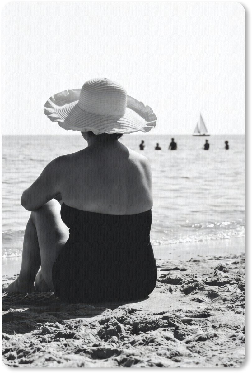 Muismat 13x20 cm - Mousepad Vrouwen - Zonnehoed - Strand - Zwart - Wit - Muismatten