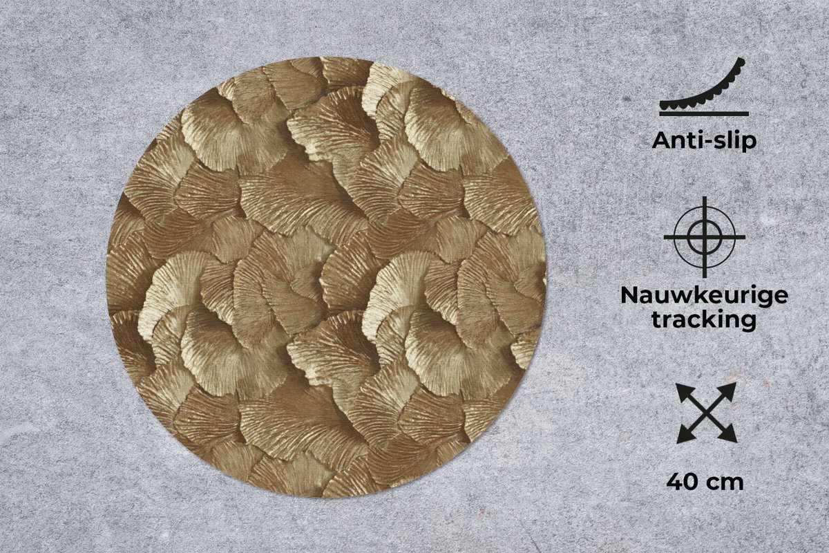 Muismat rond 40x40 cm - Mousepad Organisch - Patroon - Bladeren - Goud - Ronde muismatten