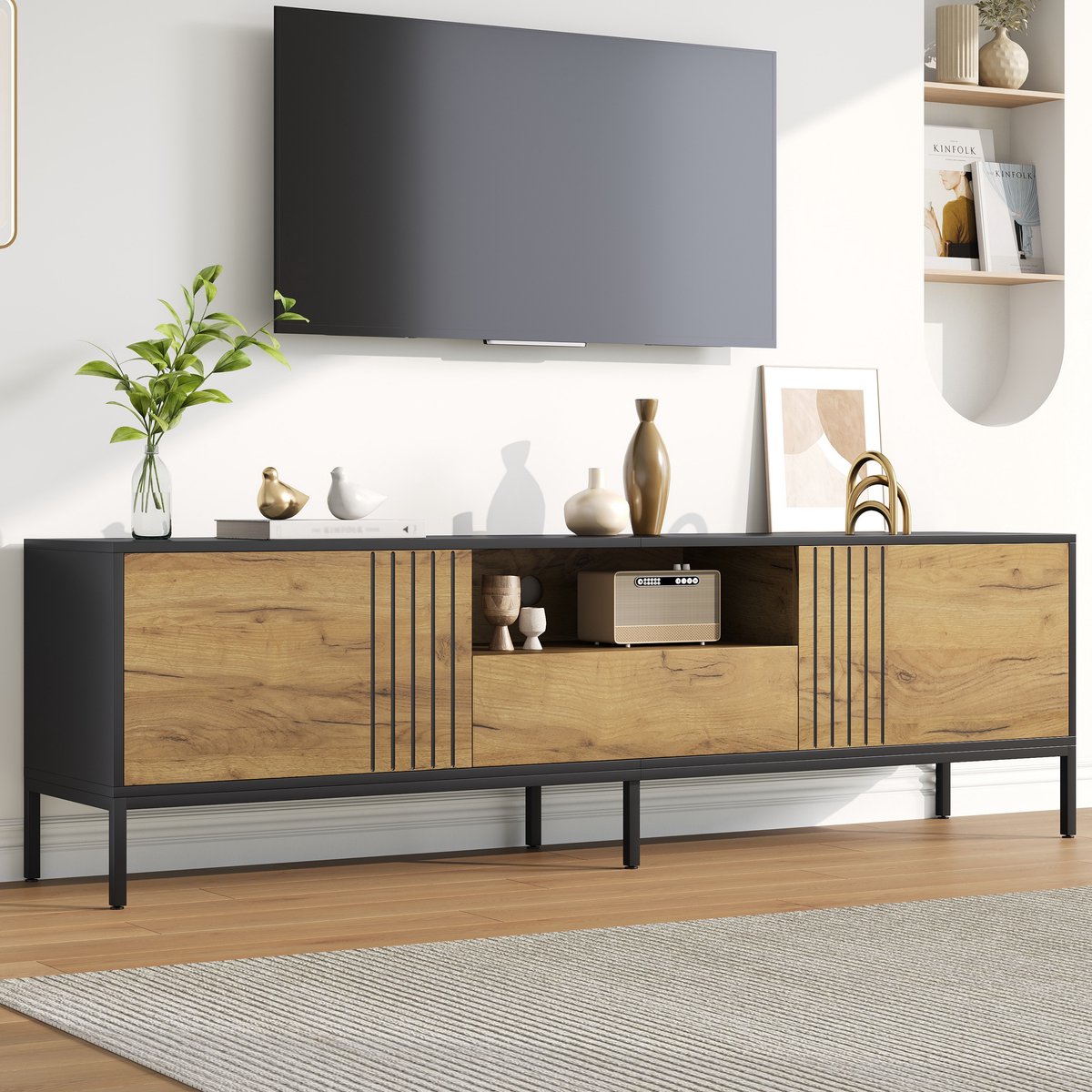 MIVRAY Tv-Meubel - 2 Deuren Lade En Open Vakken - Voor Woonkamer En Hal - Spaanplaat Eikenkleur Zwart - 170x35x50 Cm