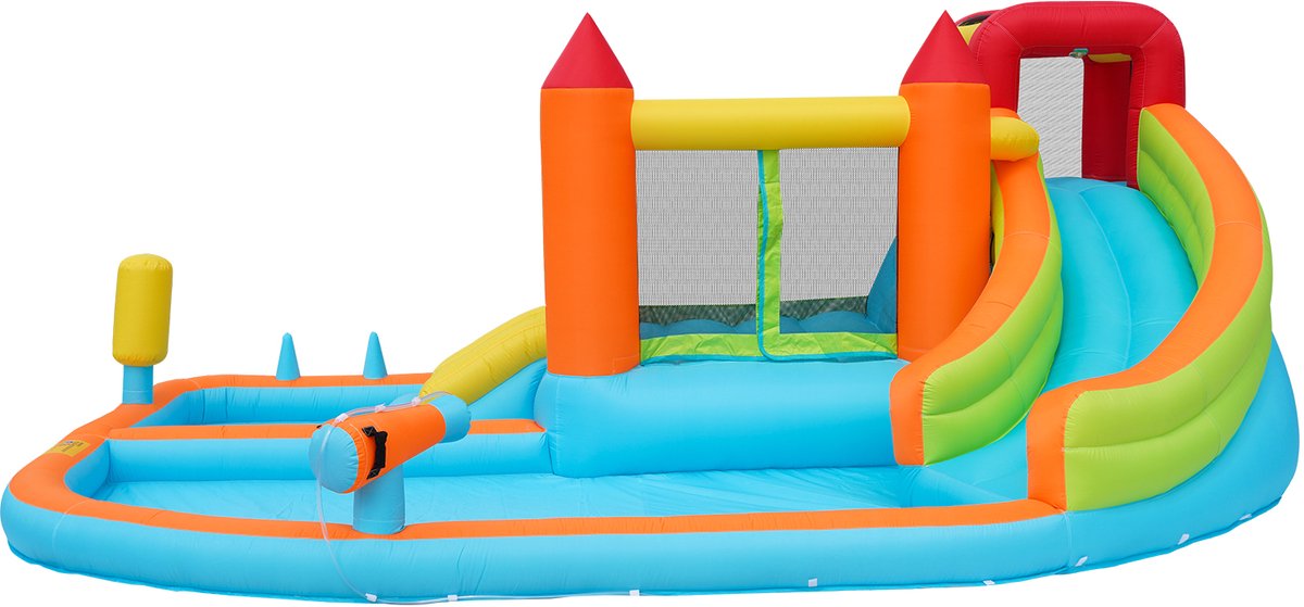YYchan Springkasteel - 9-in-1 Springkussen met Glijbaan - Groot Waterspeelgoed Waterpark - Springkasteel met Zwembad & Klimwand - 364x315x239 cm - Oranje
