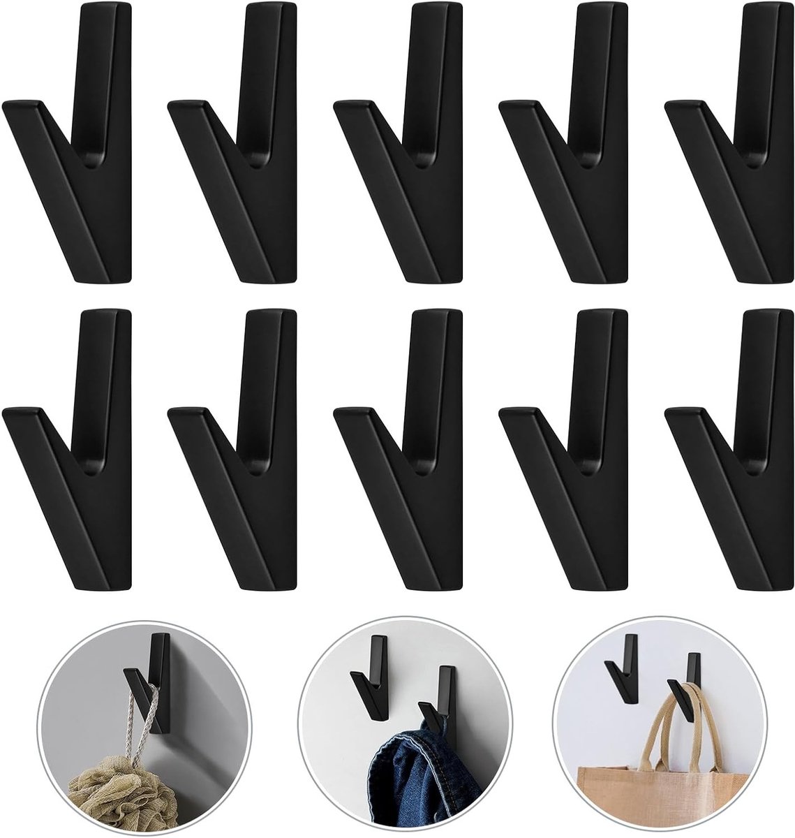 Onzichtbare wandhaken voor kleding, badkamer en keuken - 10 stuks zwarte wandhaken voor een nette afwerking