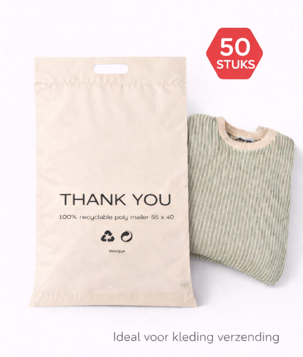 Verzendzakken voor kleding - verzendzakken groot formaat - verzendzakken webshop - 55cm x 40cm - handvat - XL - 100% recycleerbaar - buitenzak - Vinted - "Thank you" - 50 stuks