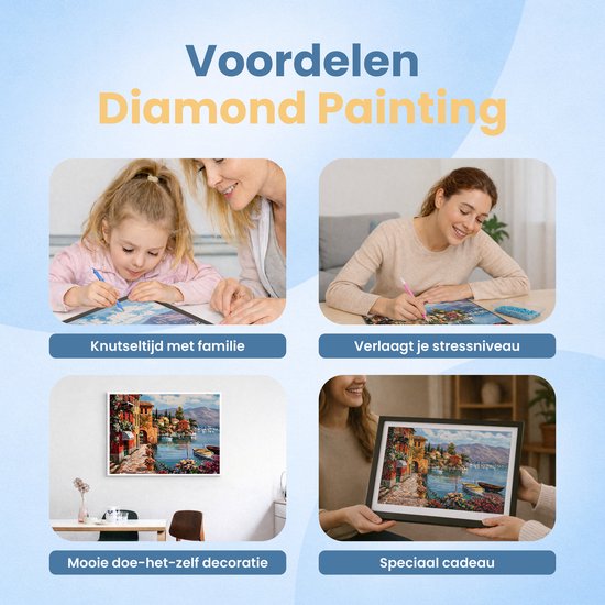 Quatre images montrant les avantages de la peinture diamant : bricolage en famille, relaxation, décoration et cadeau.