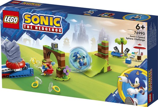 LEGO Sonic de Hedgehog 76990 doos met Sonic in een bal, een lanceerbaan, een boog en een helling.
