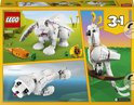 Arrière de la boîte LEGO Creator : lapin blanc avec carotte, cacatoès blanc sur branche, phoque blanc.