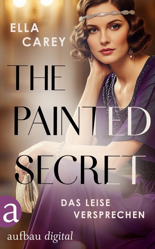 Boekomslag met een vrouw in een paarse jurk met kralen. Titel: The Painted Secret - Das leise Versprechen.