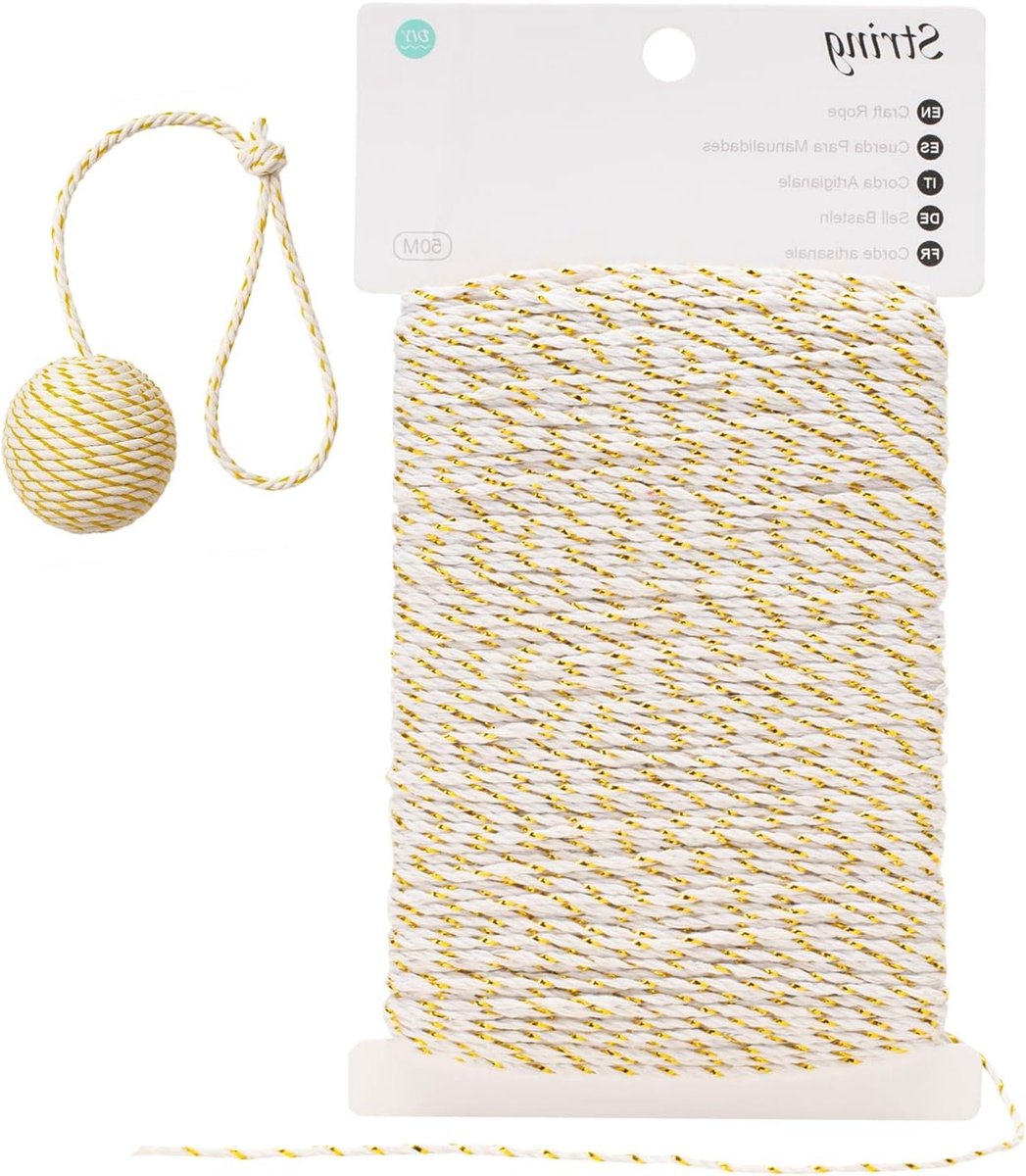 Witte Katoenen Touw met Gouden Accenten, 50m, 2mm Draad voor Creatieve Klussen en Tuinieren, Ideaal voor DIY Projecten en Ambachten