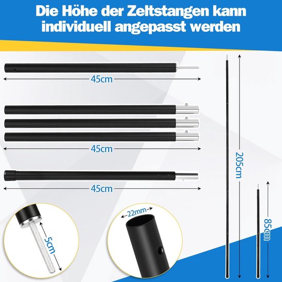 Telescoopstangen Tentstokken - Verstelbare Palen - Zonnezeil Opzetten - Lichtgewicht Aluminium - 85-205 cm - Zwart — afbeelding 5