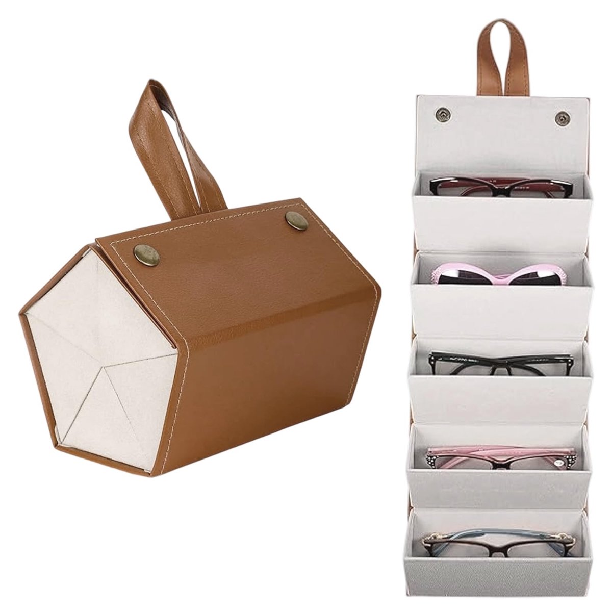 Dailygoods - Lederen Opvouwbare Brillenkoker met 5 Vakken en Handgreep