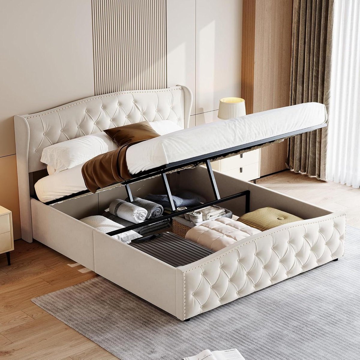 Gestoffeerd Bed - Opbergbed - Moderne Slaapkamer - Hydraulisch Mechanisme - 140 x 200 cm - Beige