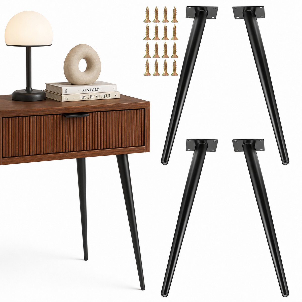 JustValue Meubelpoten 40 cm - Set van 4 - Zwart Metaal - Schuine Tafelpoten met 8 cm Montageplaat - Incl. Schroeven - Vloerbeschermers - Geschikt voor Kast, Bureau en Nachtkastje