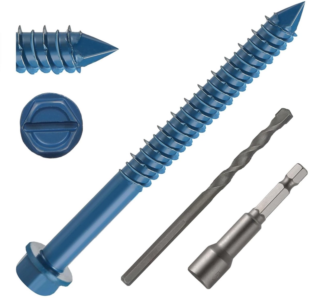 Dailygoods - Dailygoody - Betonschroeven - M5,5 x 83 - Met boor en bitset - Blauw - Voor metselwerk en beton - 30 stuks - Ideaal voor industrie en architectuur