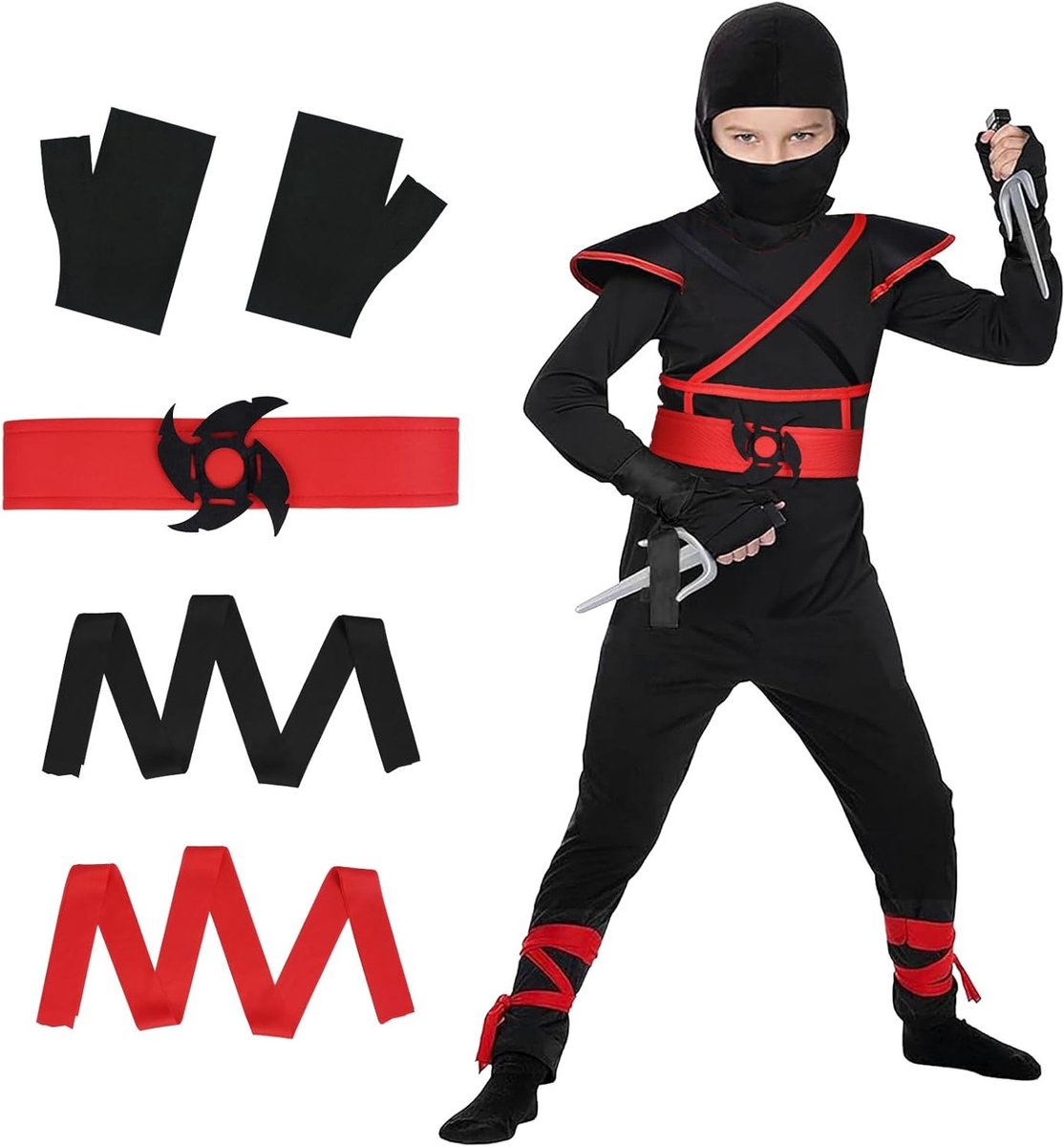 Kostuum voor Kinderen als Rode Ninja, Compleet met Schuimaccessoires voor Halloween en Cosplay Feestjes, Perfect voor Kung Fu en Verkleedpartijen
