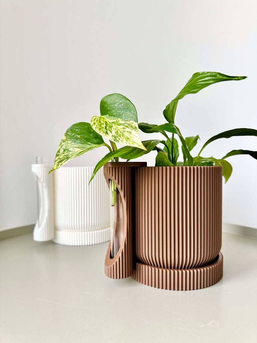 TWINIA Plantenpot met Lekbakje & Stekhouder – Inclusief stekglaasje | 3D Geprint van Bio-Based PLA | Kamerplant & Stekjes | cacao bruin