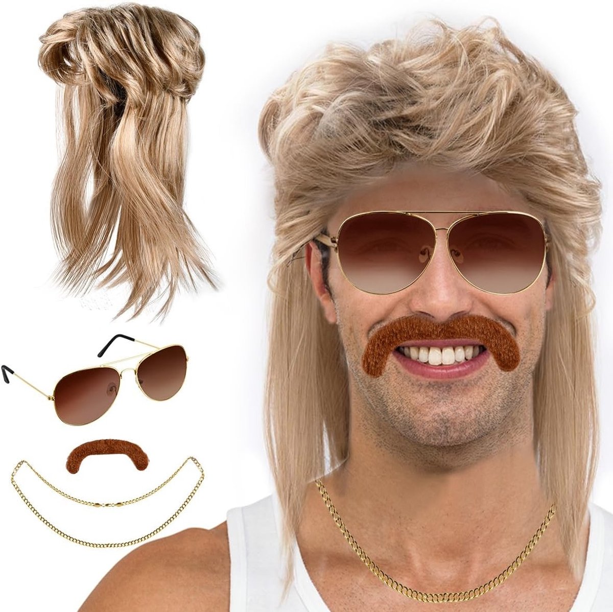 Vokuhila Perücke voor Carnavalsoutfits van de jaren 80 en 90 met Zonnebril en Ketting voor Mannen en Vrouwen, Feestaccessoires en Kostuumdecoratie