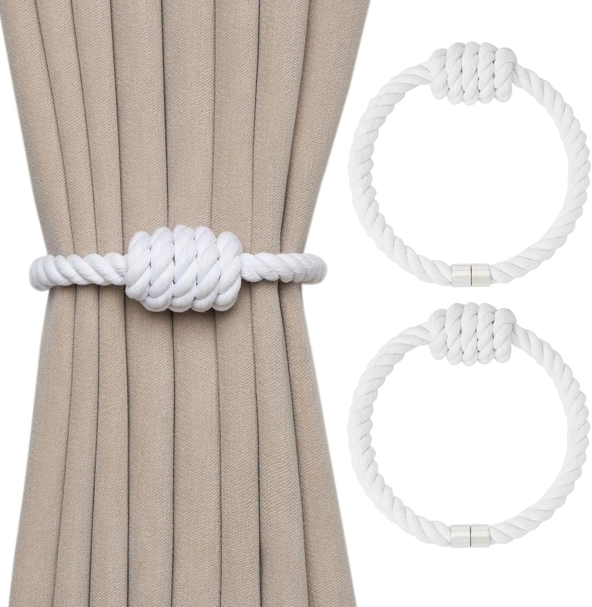 Set van 2 magnetische gordijnbinders van natuurlijk katoen, bohemian stijl, elegante handgeweven decoratieve gordijnbinders met knoop, geschikt voor gordijnen in huis en op kantoor (wit)