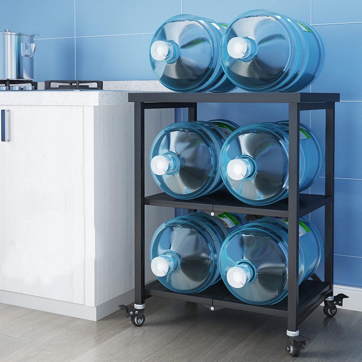 Keukentrolley op Wielen 45x60x80 cm – Opvouwbare RVS Serveerwagen met 3 Lagen, Multifunctioneel Keuken Eiland, Magnetron & Opbergkast, Zwart – Mobili Bella