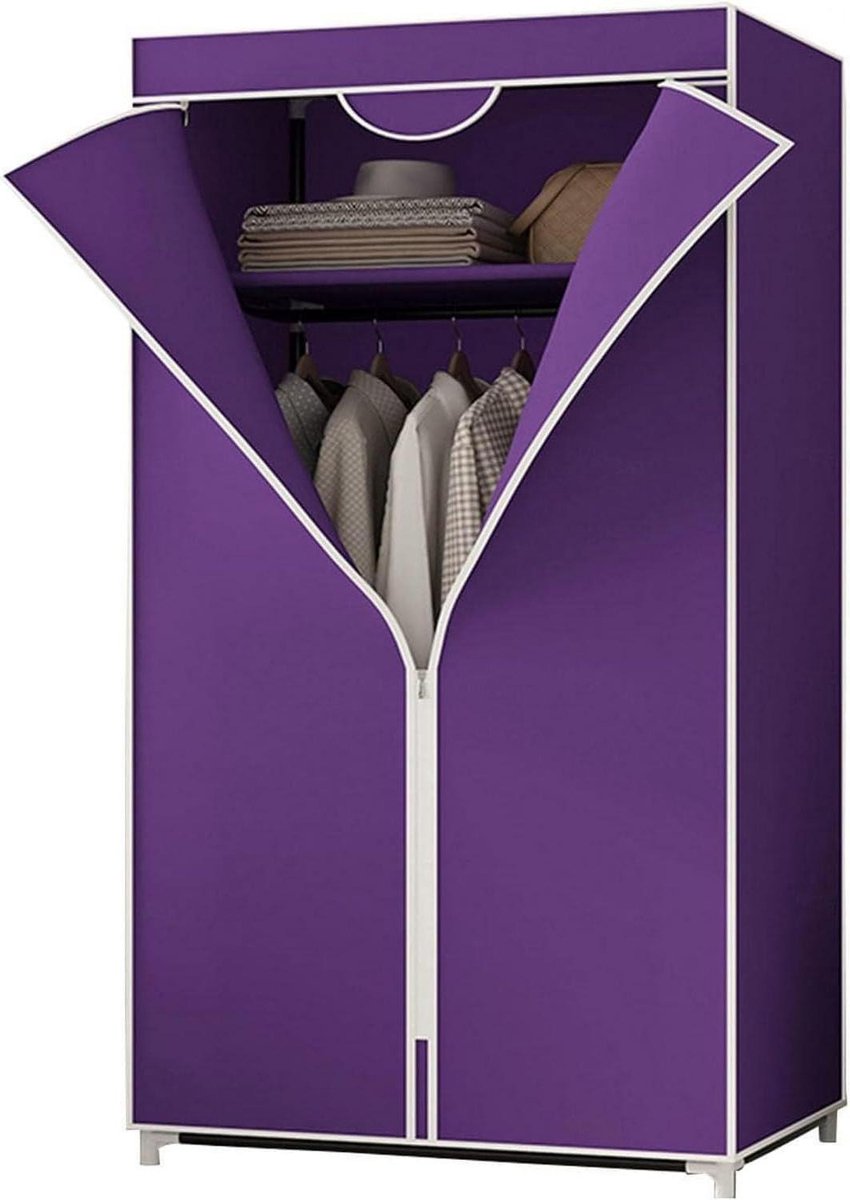 Draagbare canvas kledingkast met planken en ophangrail - blauwe kledingopbergnizer, stoffe