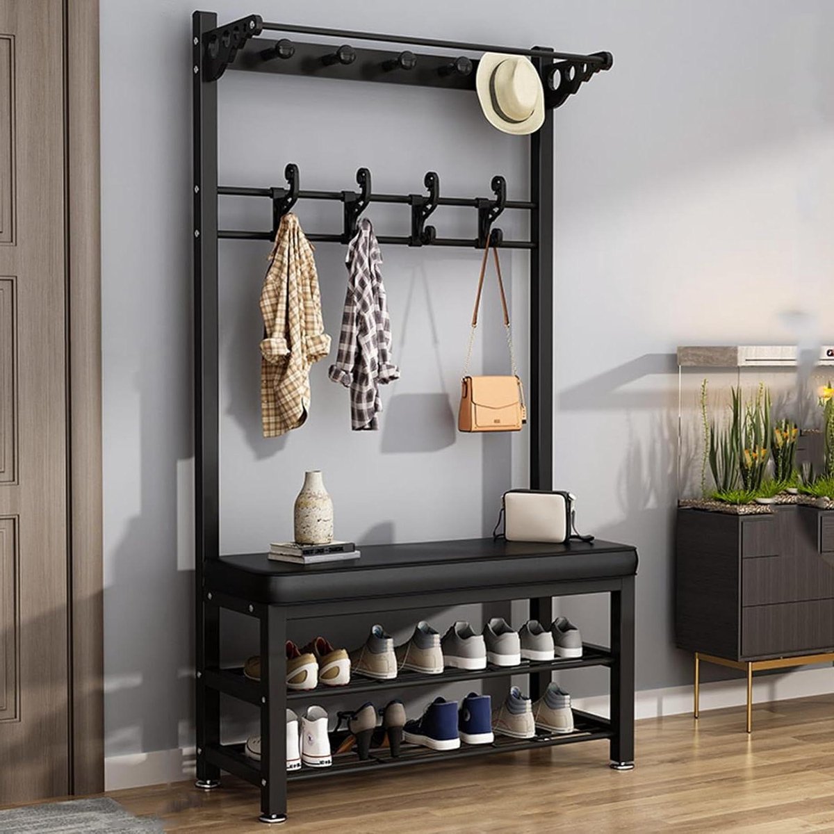 Entreebank met Kapstok - Schoenenrek en Haken - Hal Organiseren - 4-in-1 Functionaliteit -