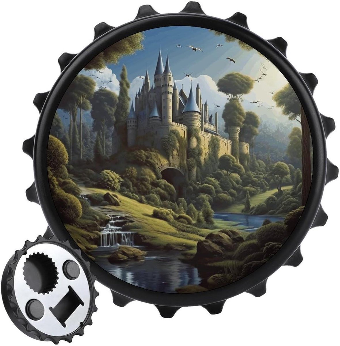 Veelzijdige flesopener en onderzettermagneet, bossen en kasteelprint, compacte flesopener keuken koelkast decor en bieropener cadeau voor bierliefhebbers