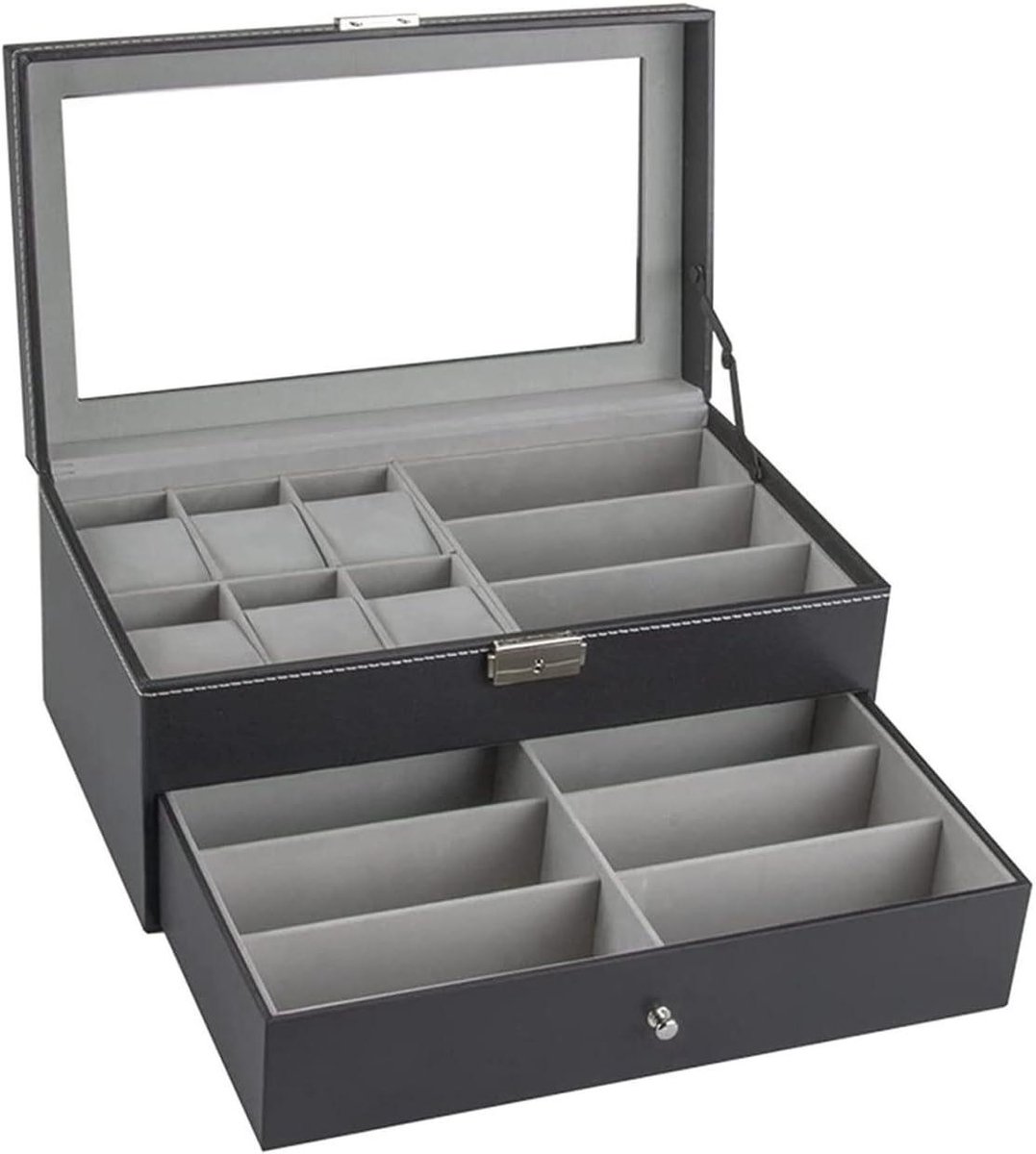 Watch Box,Watch Stand Watch Winder Watch Sunglasses Box Double Layers 9 Pieces Eyeglasses Case 6 Slots Watch Storage Box Display Tray Lockable Watch Roll Watch Holder
