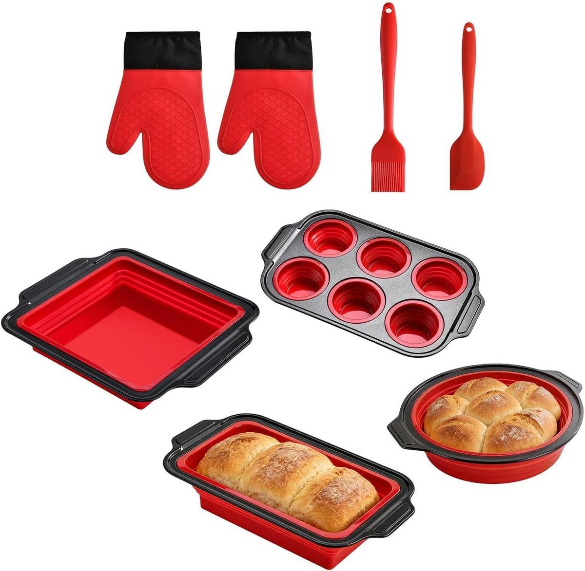 Siliconen Bakvorm Set - Stapelbare Mallen - Bakken Thuis - Inclusief Ovenwanten - 8 Delig - Rood