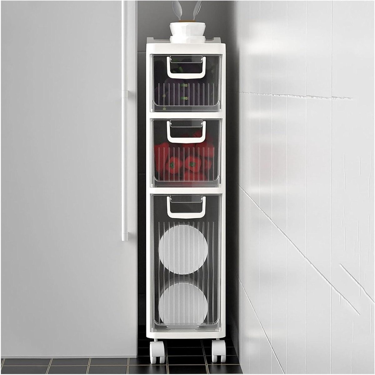Slanke Opbergkast - Lade Trolley - Ruimte Organiseren - Met Wielen - 3 Lagen - Wit