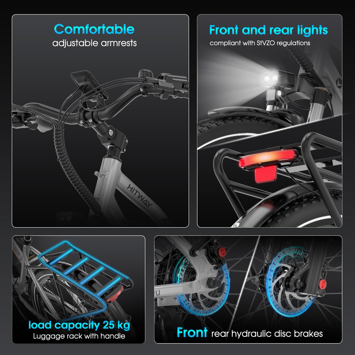 Hitway Elektrische Fiets BK16 - Trendy 26*3.0 Inch City Commuter EBike met Afneembare 48V 18Ah Lithium Batterij - Mountain E-Bike met 250W Motor - 7 Versnellingen - IP54 Waterdicht (EAN: ...9677) - afbeelding 2