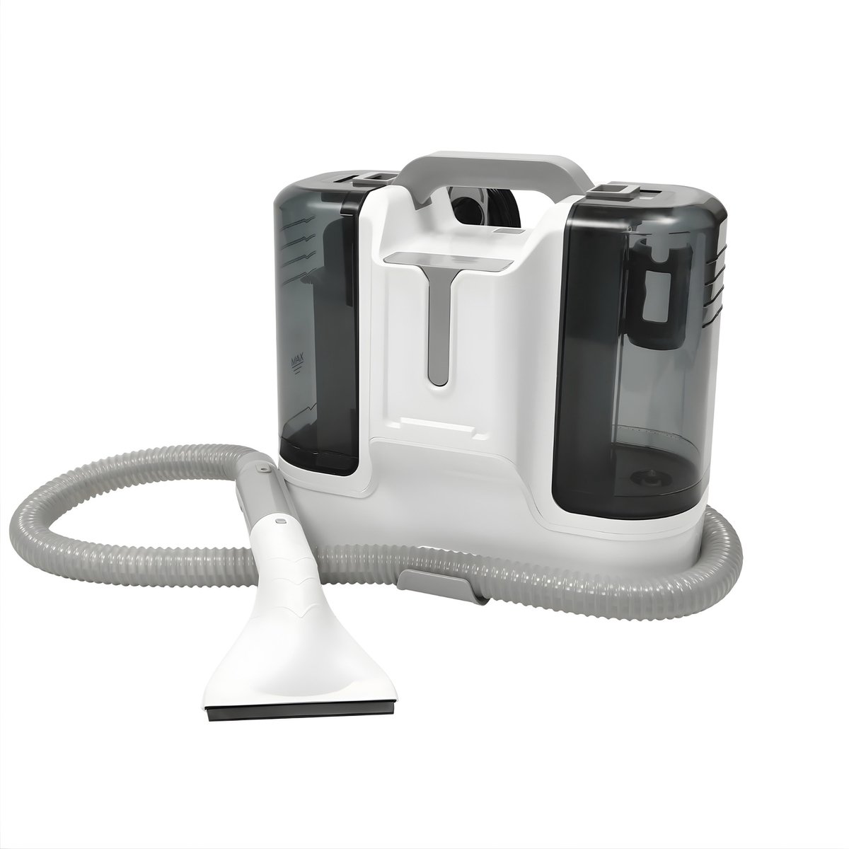 Tapijtreiniger – Draagbaar – Moderne Carpet Cleaner met 6 Reinigingskoppen voor Sofa’s, Tapijten, Gordijnen, Bedden en Kussens – 33,5×23,5×33,5 cm – Lichtgrijs