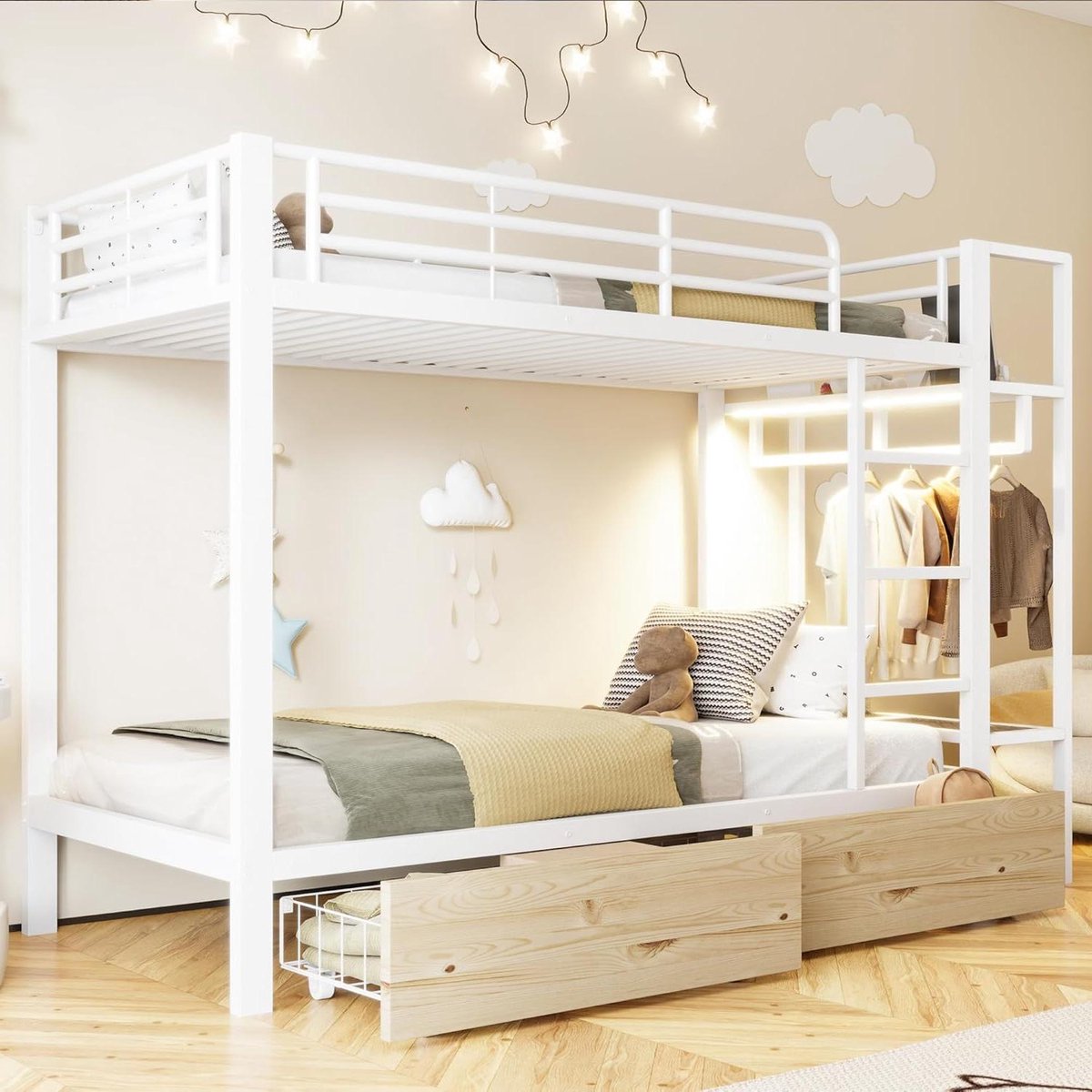 Stapelbed - Kinderbed - Ruimte Besparen - Met Ledstrip - 90x200 cm - Wit