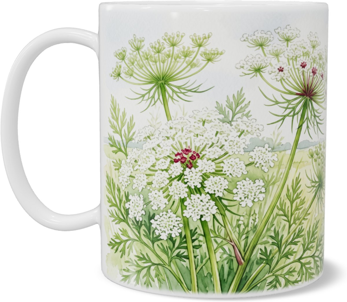 Mok wilde peen Daucus carota langs kronkelend zandpad in Hollands landschap aquarel