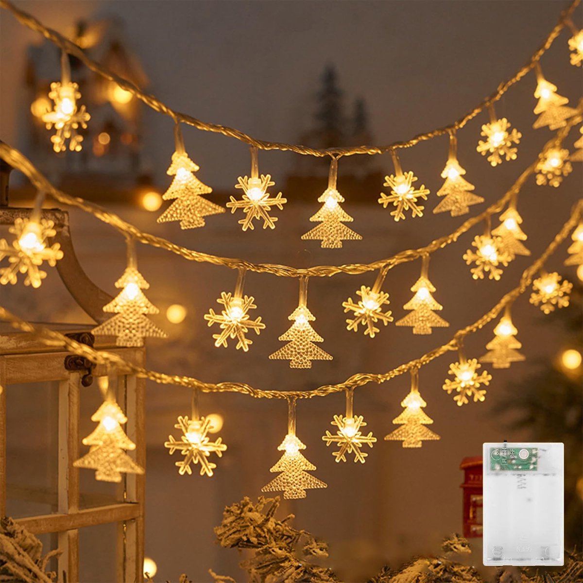 Dailygoods - Led-lichtsnoer met Sneeuwvlokken en Dennenbomen, 3 Meter, Warmwit