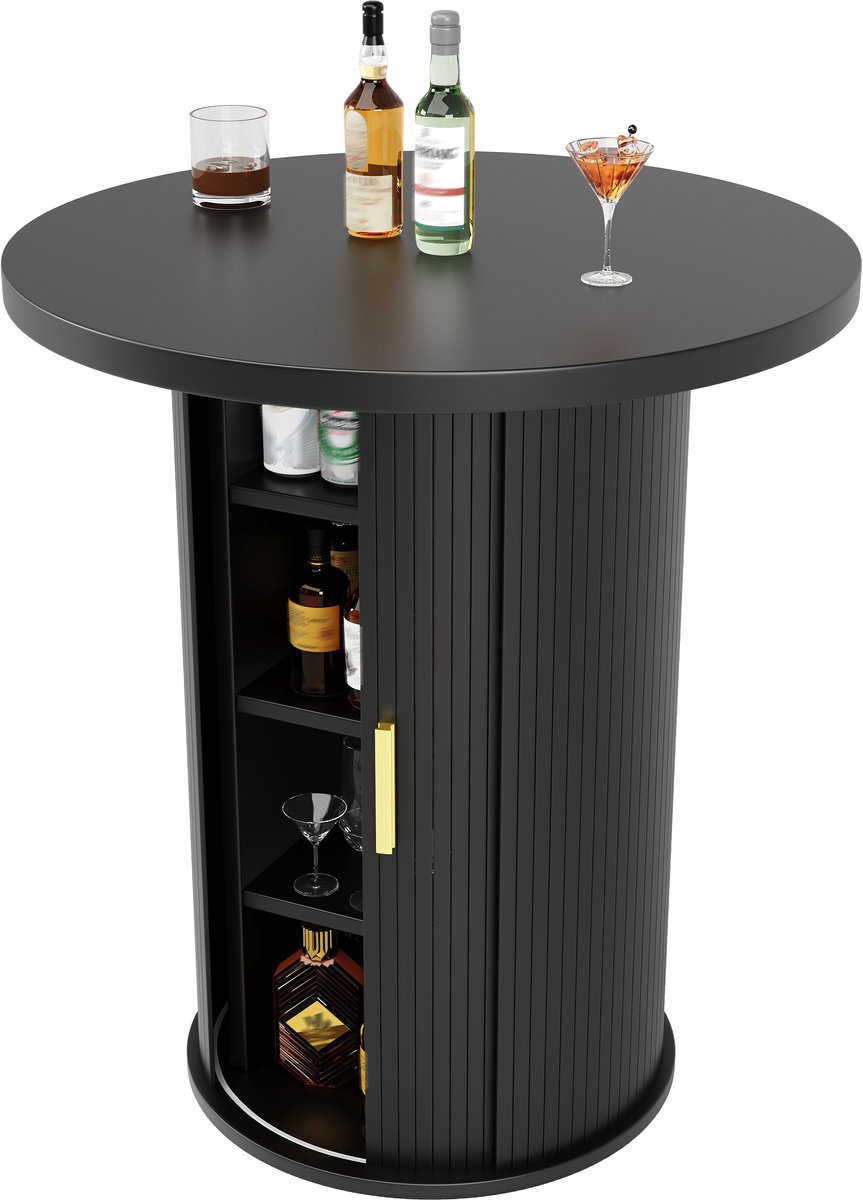 MODFU Ronde Bartafel - Met Opbergruimte En Schuifdeur - Modern - Voor Woonkamer - MDF En Metaal - Zwart - 60 X 60 X 91,6 Cm