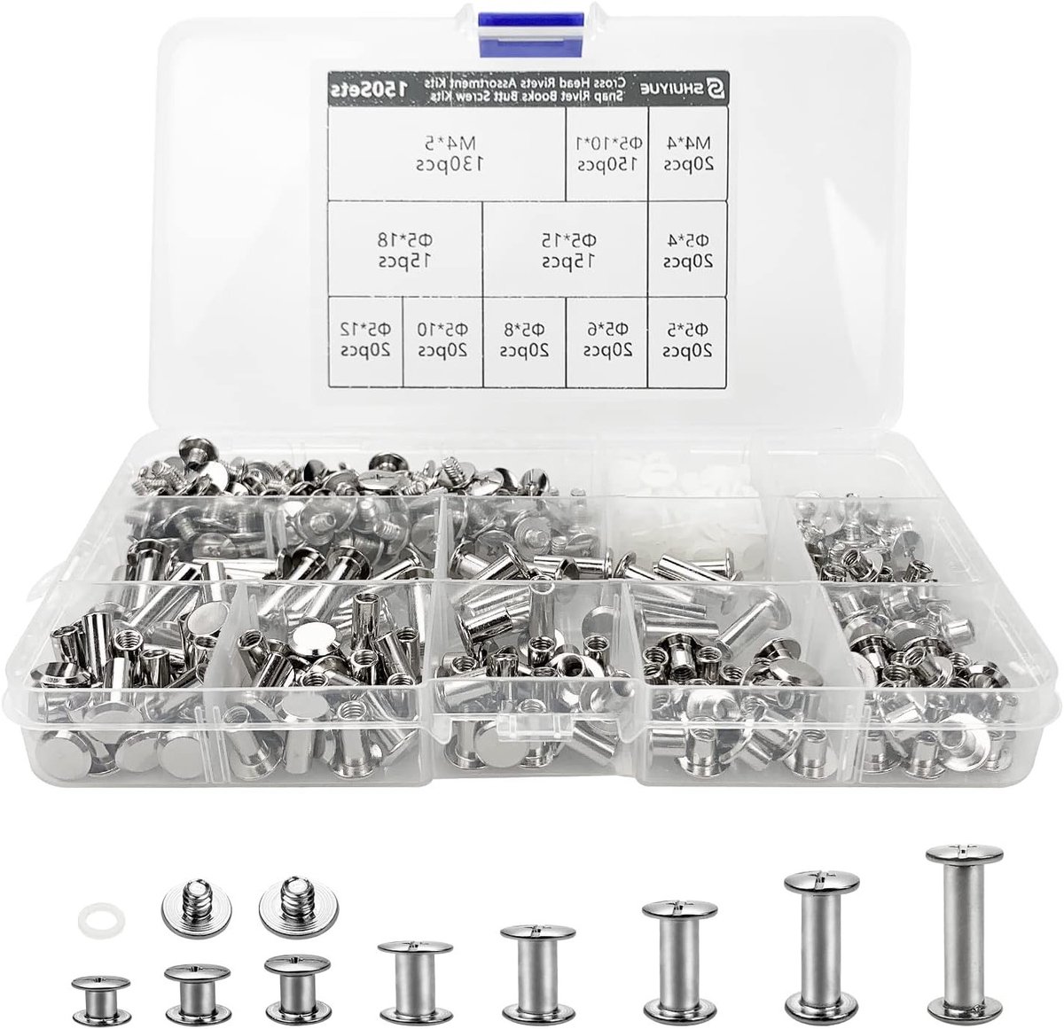 Set van 150 Stuks Zilveren Chicago Schroeven met 8 Maten en Chicago Knop Rivets Kit voor Creatieve Projecten