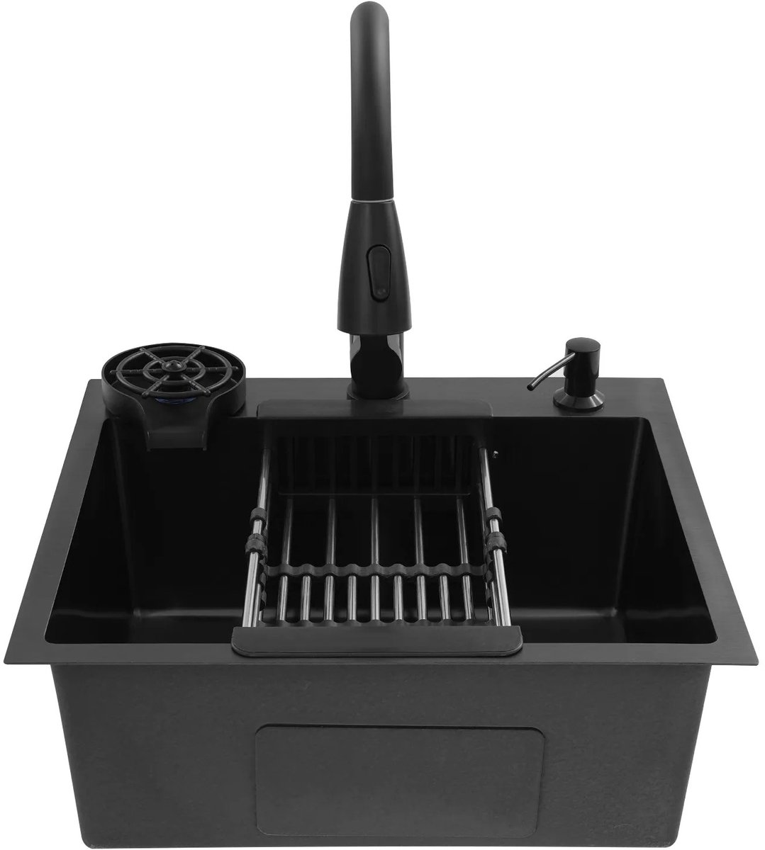 Cellista Keukenspoelbak RVS 50cm Zwart - Enkele Wasbak met Uittrekbare Kraan - Spoelbak met Zeepdispenser - Cup Rinser Spoelbak - Gootsteen Zwart