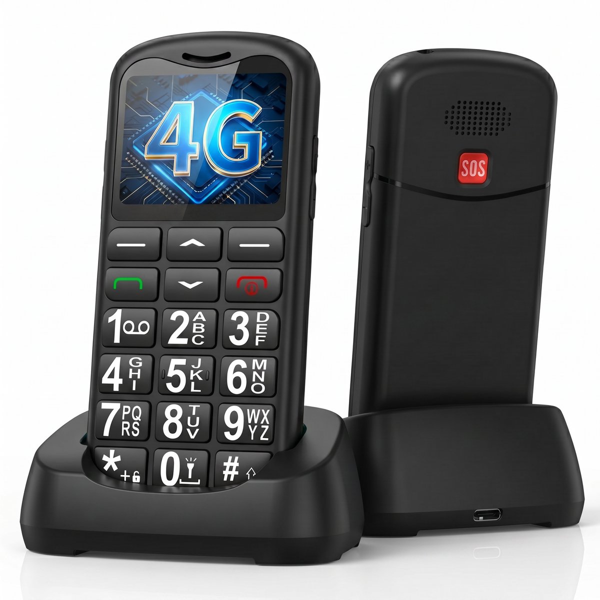 SyncGear Senioren GSM 4G met Grote Cijfers en SOS Noodknop – Gebruiksvriendelijk voor Ouderen – Oplaadstation & Grote Letters – Dumbphone - Feature Phone