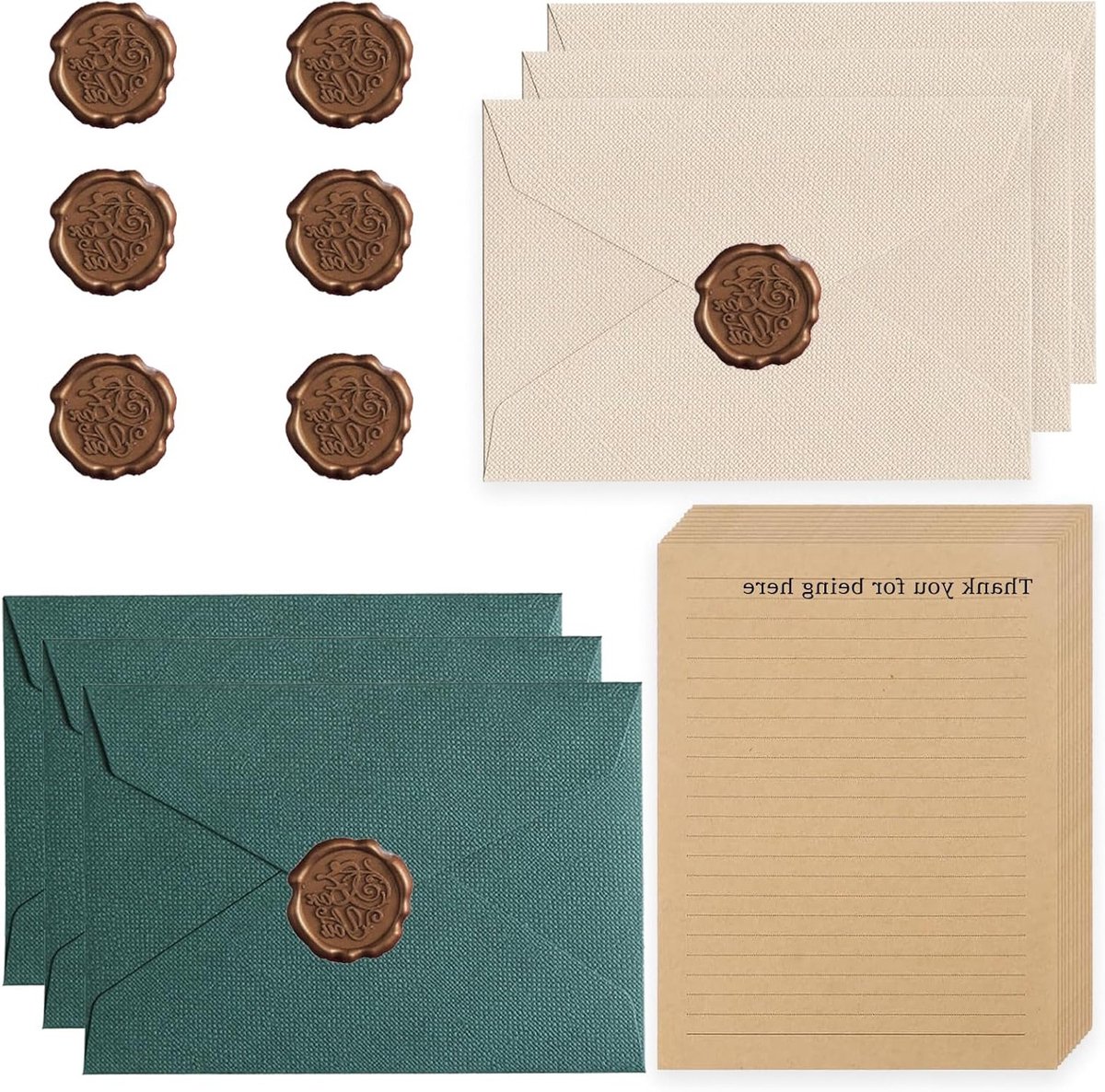 Elegante Vintage Briefpapier Set met Enveloppen, Stickers en Waszegels voor Bruiloften en Verjaardagen - 22 Stuks in Groen