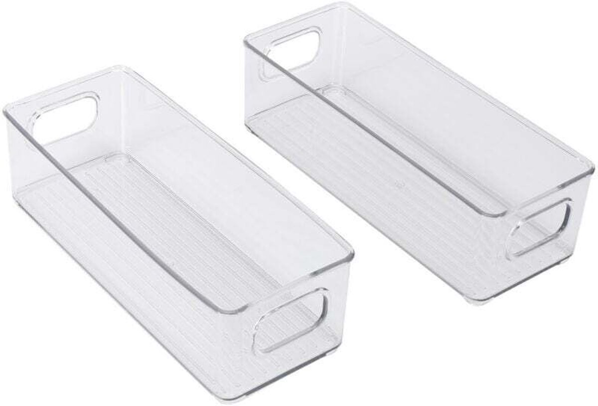 Een set van twee stapelbare, transparante plastic opbergdozengeschikt voor handvatten geschikt voor in de koelkast, geschikt voor gebruik in de geschikt voorraadkast en keuken.