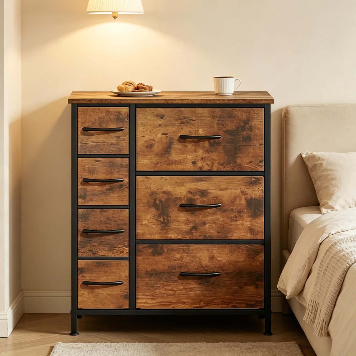 MODFU Ladekast Met 7 Stoffen Laden - Retro - Voor Woonkamer Of Slaapkamer - Hout, Metaal En Stof - Rustiek Bruin