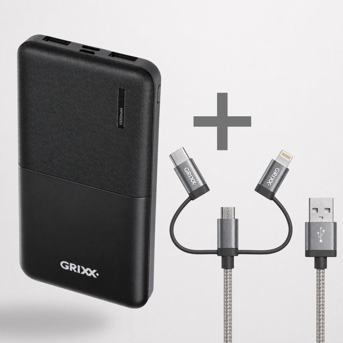 GRIXX Powerbank Bundel 10.000 mAh + 3-in-1 Oplaadkabel – USB-C, Lightning & Micro USB – USB-C & 2x USB-A – Geschikt voor iPhone, Samsung & USB-C Smartphones – Grijs
