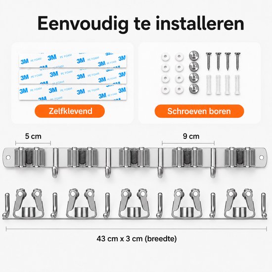 BOTC Bezemhouder - 5 Houders 6 Haken - 304-RVS - 5 Houders 6 Haken - 304 RVS - Zelfklevend 3M Tape - Gereedschapshouder - Bezem Ophangsysteem Tuingereedschap - Gereedschapshouder - Zilver — afbeelding 4