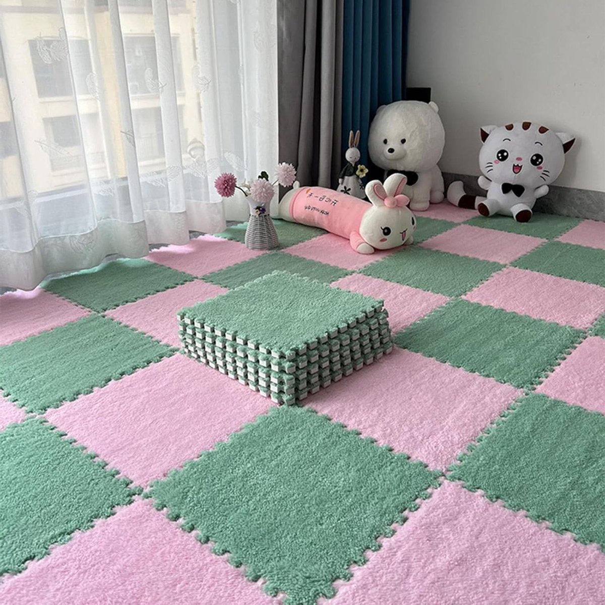 Vloertegels - Tapijttegels - Vloer Decoratie - Zacht Suede Schuim - 12 Stuks - Roze Groen