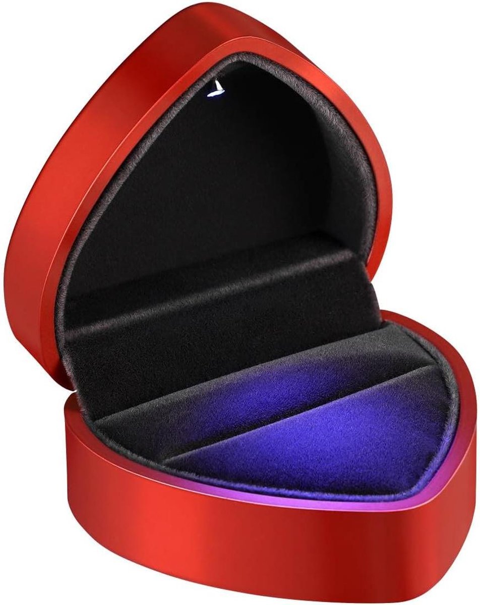 Ringendoos Hartvorm - Sieradendoosje Luxe - Huwelijksaanzoek Presentatie - Automatische LED Verlichting - 7 x 8.5 cm - Rood